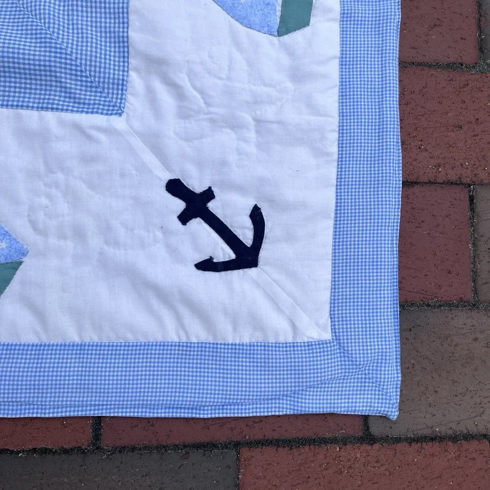 Handmade Sailboat Boys Crib Quilt, Green, White, Blue, One Of A Kind 40
